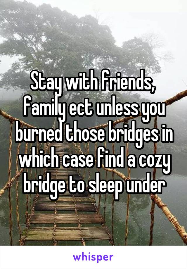 Stay with friends,  family ect unless you burned those bridges in which case find a cozy bridge to sleep under