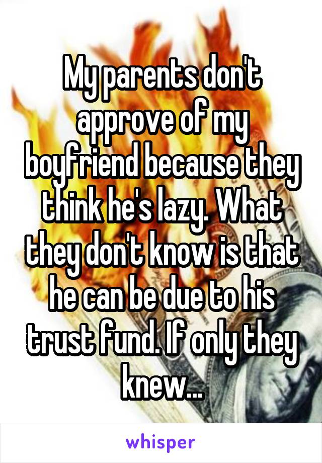 My parents don't approve of my boyfriend because they think he's lazy. What they don't know is that he can be due to his trust fund. If only they knew...
