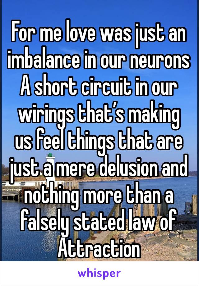 For me love was just an imbalance in our neurons 
A short circuit in our wirings that’s making 
us feel things that are just a mere delusion and nothing more than a falsely stated law of Attraction 