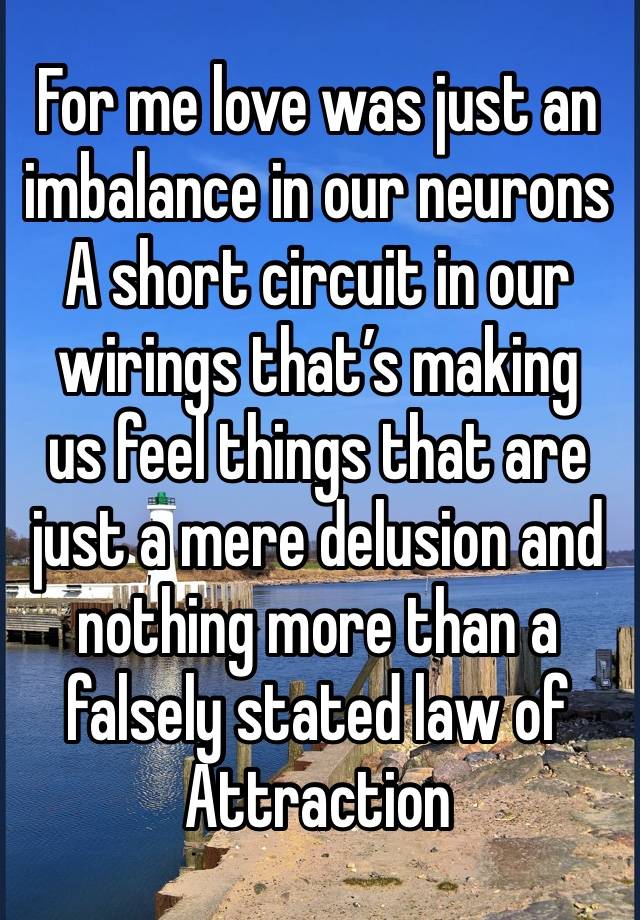 For me love was just an imbalance in our neurons 
A short circuit in our wirings that’s making 
us feel things that are just a mere delusion and nothing more than a falsely stated law of Attraction 