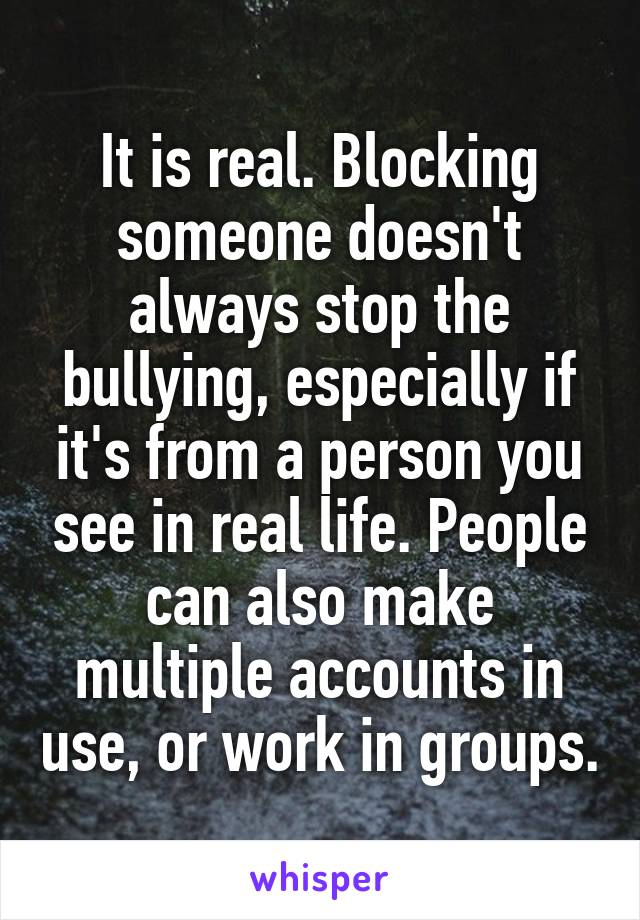 It is real. Blocking someone doesn't always stop the bullying, especially if it's from a person you see in real life. People can also make multiple accounts in use, or work in groups.