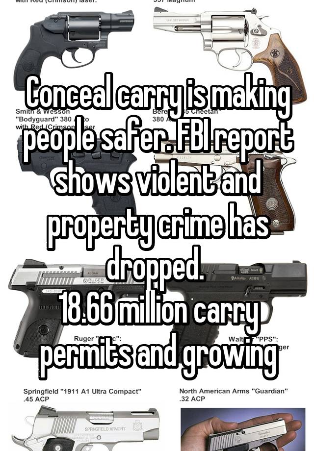 Conceal carry is making people safer. FBI report shows violent and property crime has dropped. 
18.66 million carry permits and growing