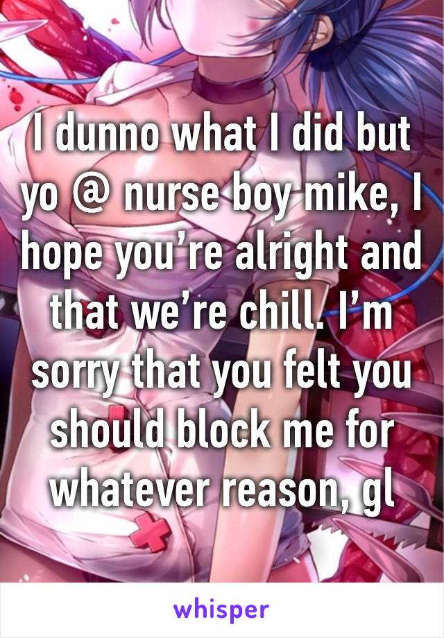 I dunno what I did but yo @ nurse boy mike, I hope you’re alright and that we’re chill. I’m sorry that you felt you should block me for whatever reason, gl xxx