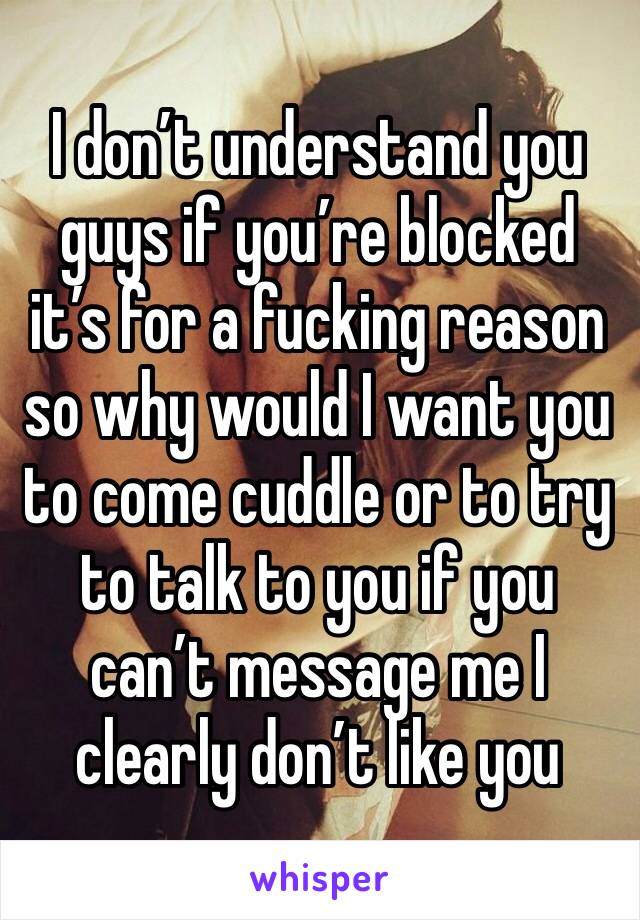 I don’t understand you guys if you’re blocked it’s for a fucking reason so why would I want you to come cuddle or to try to talk to you if you can’t message me I clearly don’t like you