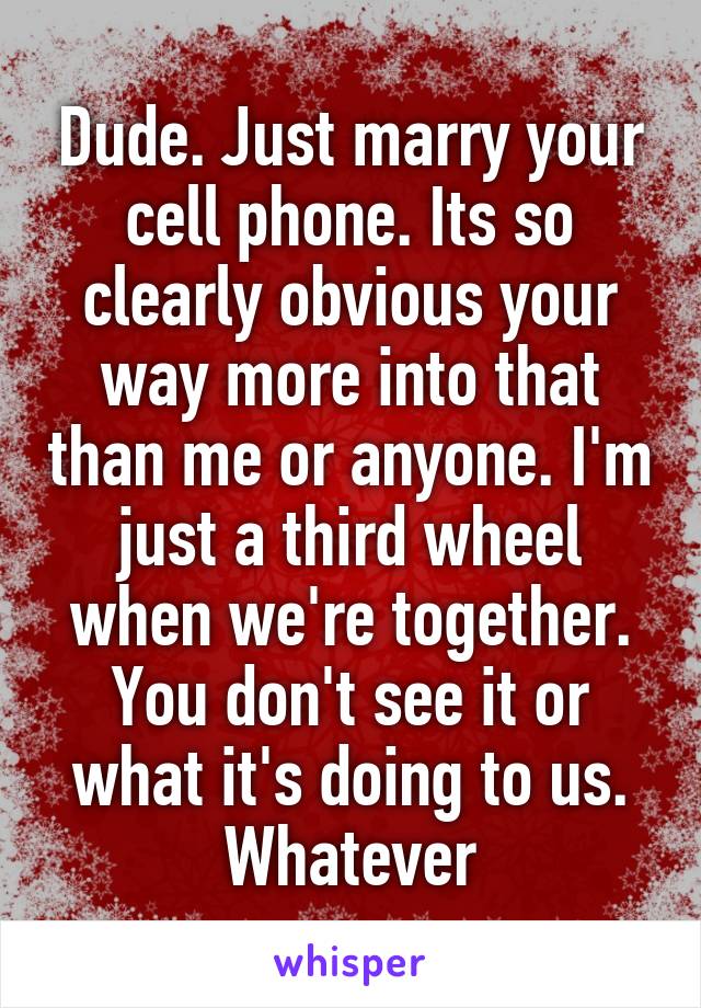 Dude. Just marry your cell phone. Its so clearly obvious your way more into that than me or anyone. I'm just a third wheel when we're together. You don't see it or what it's doing to us. Whatever