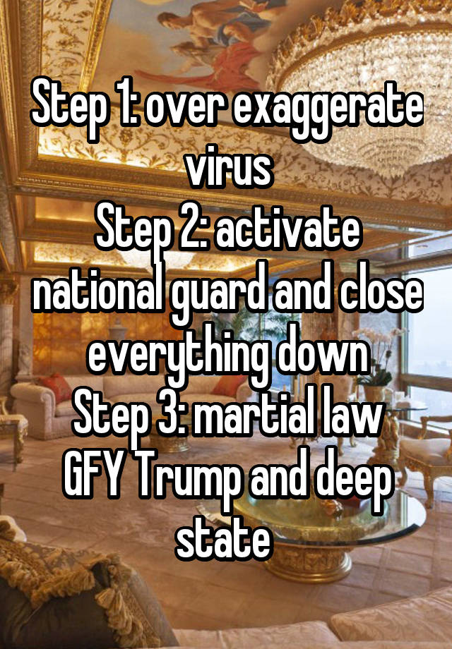 Step 1: over exaggerate virus
Step 2: activate national guard and close everything down
Step 3: martial law
GFY Trump and deep state 