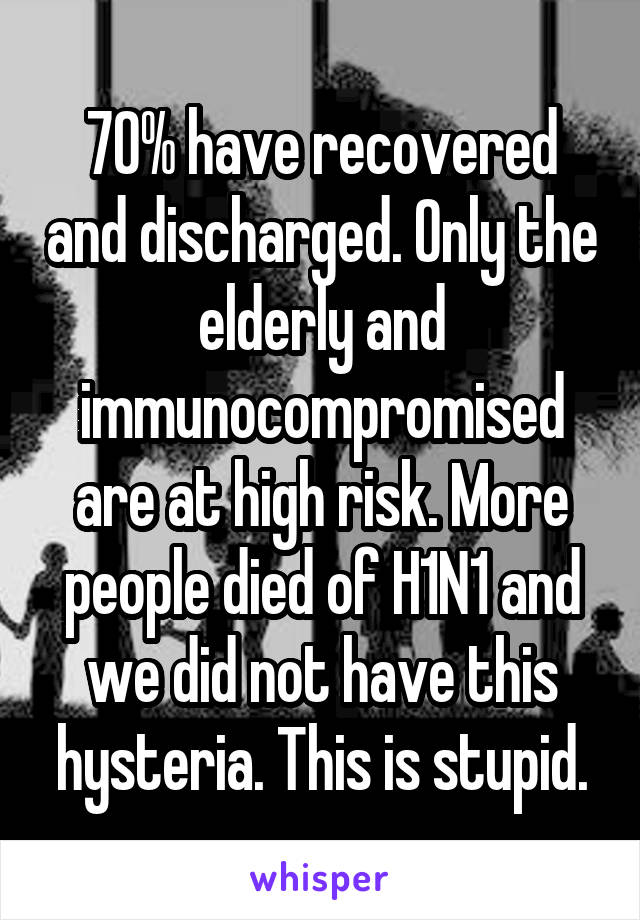 70% have recovered and discharged. Only the elderly and immunocompromised are at high risk. More people died of H1N1 and we did not have this hysteria. This is stupid.