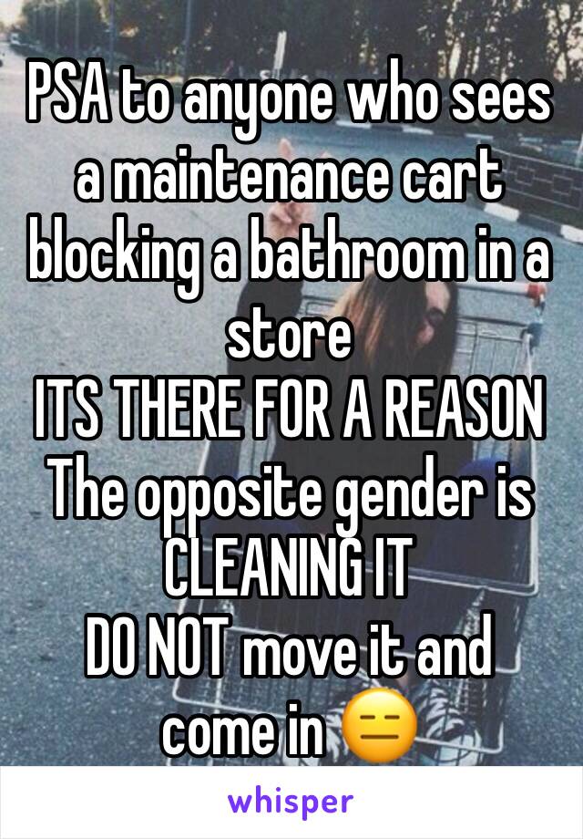 PSA to anyone who sees a maintenance cart blocking a bathroom in a store
ITS THERE FOR A REASON
The opposite gender is CLEANING IT
DO NOT move it and come in 😑