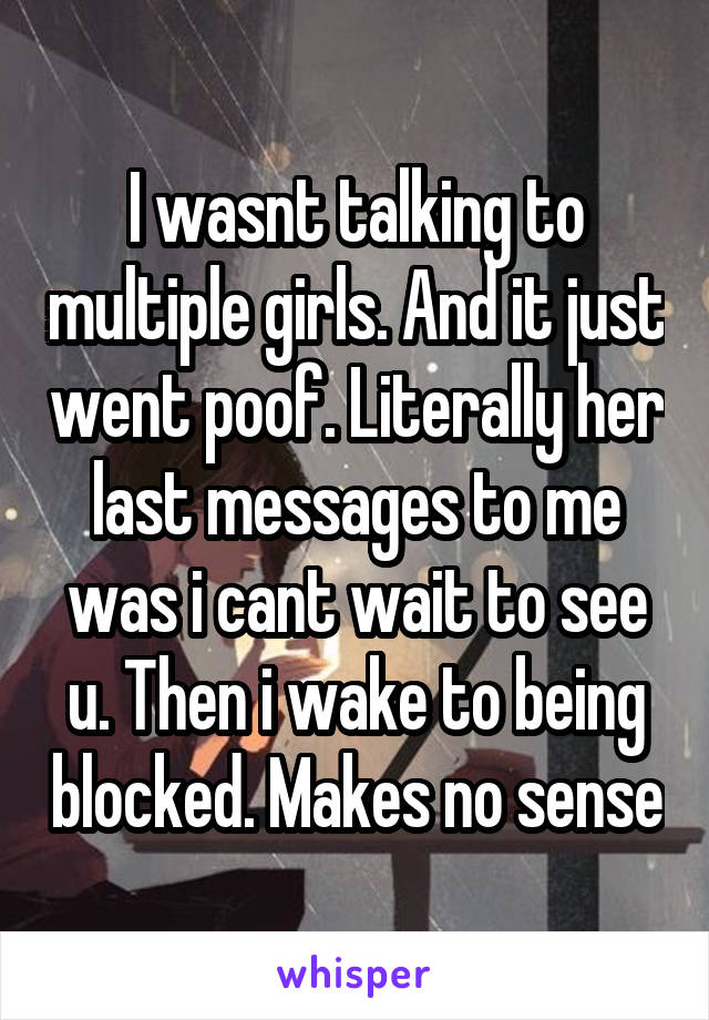 I wasnt talking to multiple girls. And it just went poof. Literally her last messages to me was i cant wait to see u. Then i wake to being blocked. Makes no sense