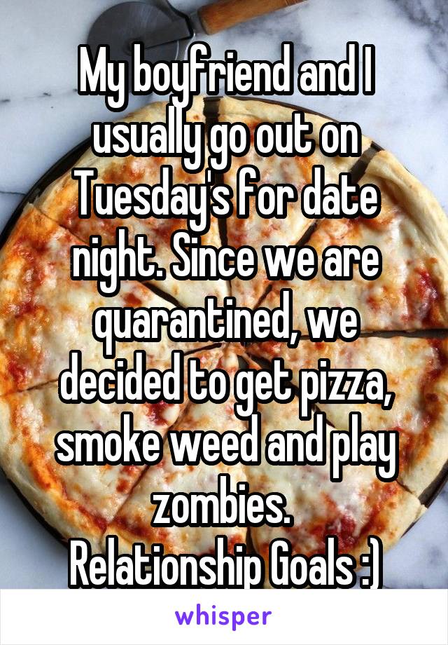 My boyfriend and I usually go out on Tuesday's for date night. Since we are quarantined, we decided to get pizza, smoke weed and play zombies. 
Relationship Goals :)