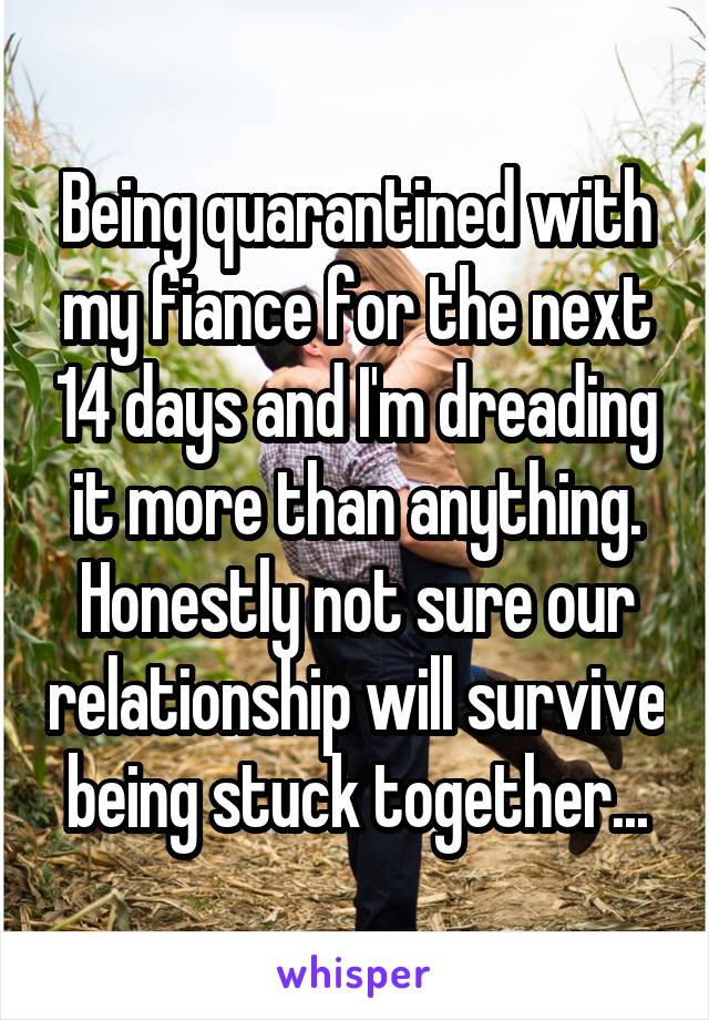 Being quarantined with my fiance for the next 14 days and I'm dreading it more than anything. Honestly not sure our relationship will survive being stuck together...