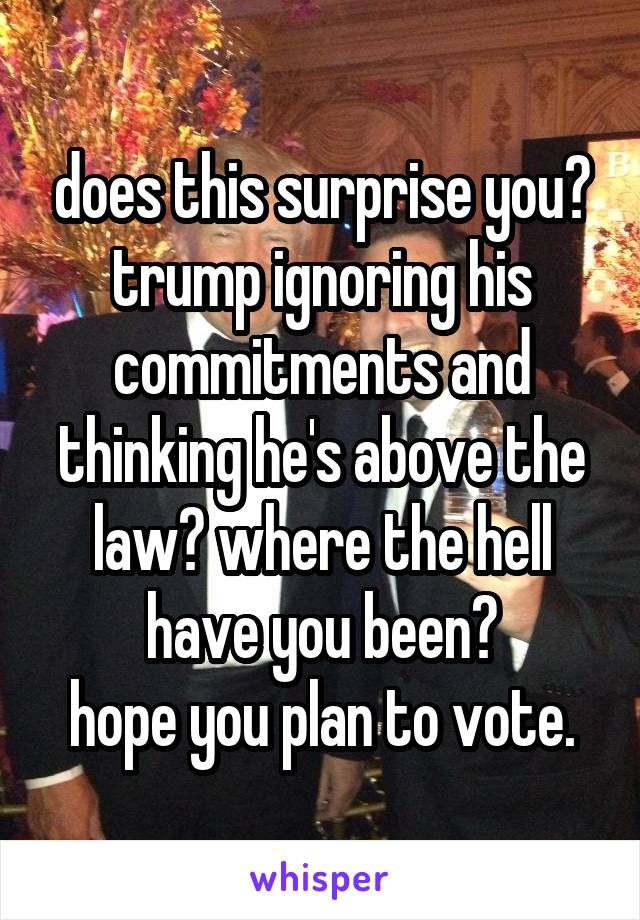 does this surprise you?
trump ignoring his commitments and thinking he's above the law? where the hell have you been?
hope you plan to vote.