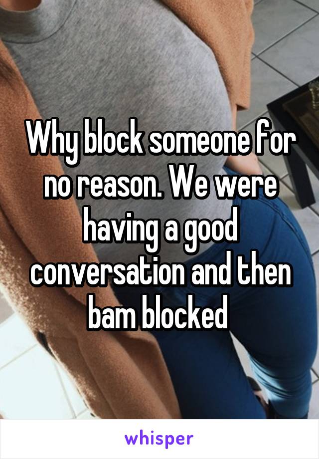 Why block someone for no reason. We were having a good conversation and then bam blocked 