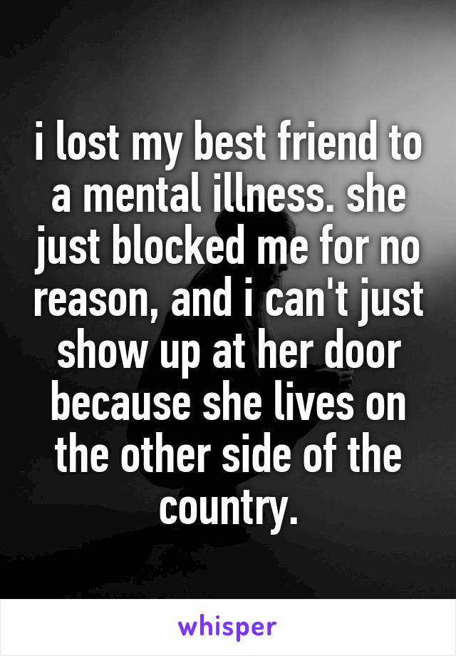 i lost my best friend to a mental illness. she just blocked me for no reason, and i can't just show up at her door because she lives on the other side of the country.