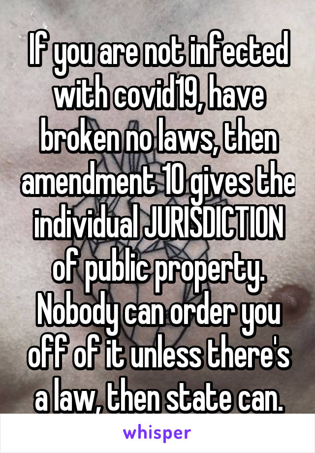 If you are not infected with covid19, have broken no laws, then amendment 10 gives the individual JURISDICTION of public property. Nobody can order you off of it unless there's a law, then state can.