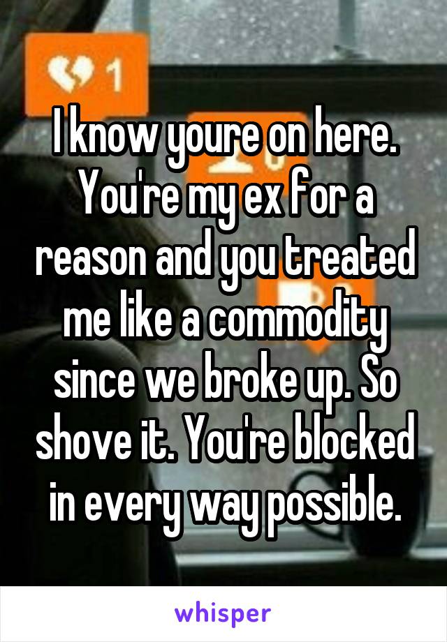 I know youre on here. You're my ex for a reason and you treated me like a commodity since we broke up. So shove it. You're blocked in every way possible.