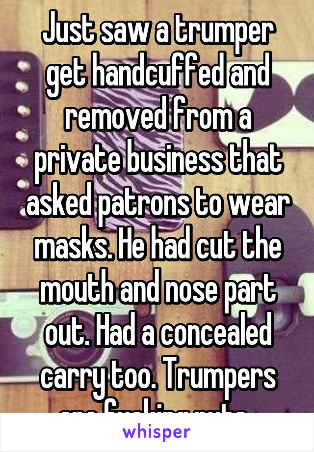 Just saw a trumper get handcuffed and removed from a private business that asked patrons to wear masks. He had cut the mouth and nose part out. Had a concealed carry too. Trumpers are fucking nuts. 