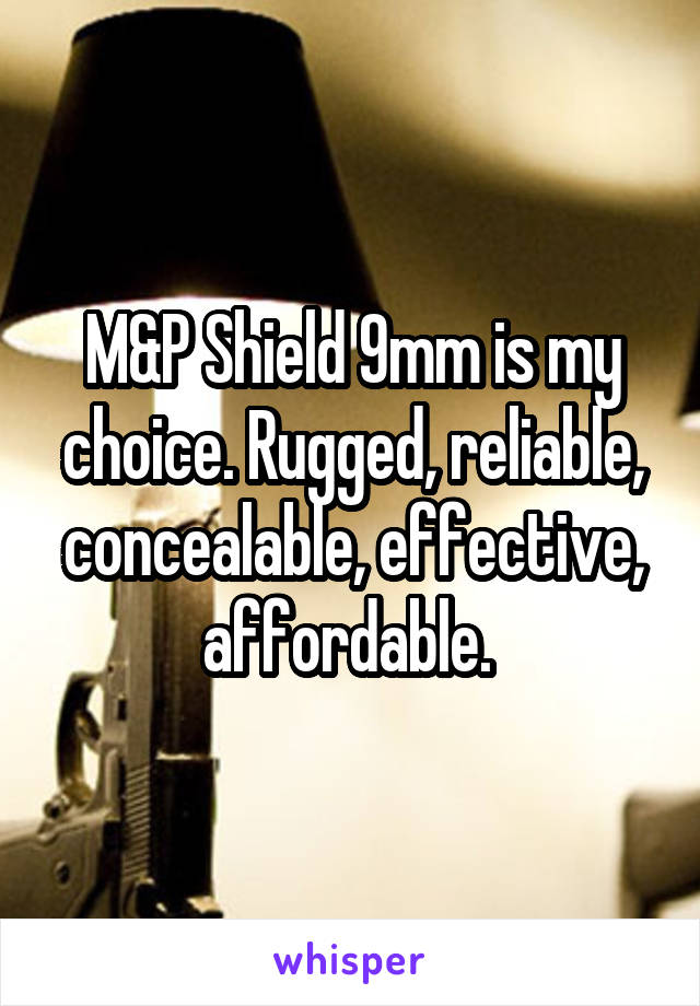 M&P Shield 9mm is my choice. Rugged, reliable, concealable, effective, affordable. 