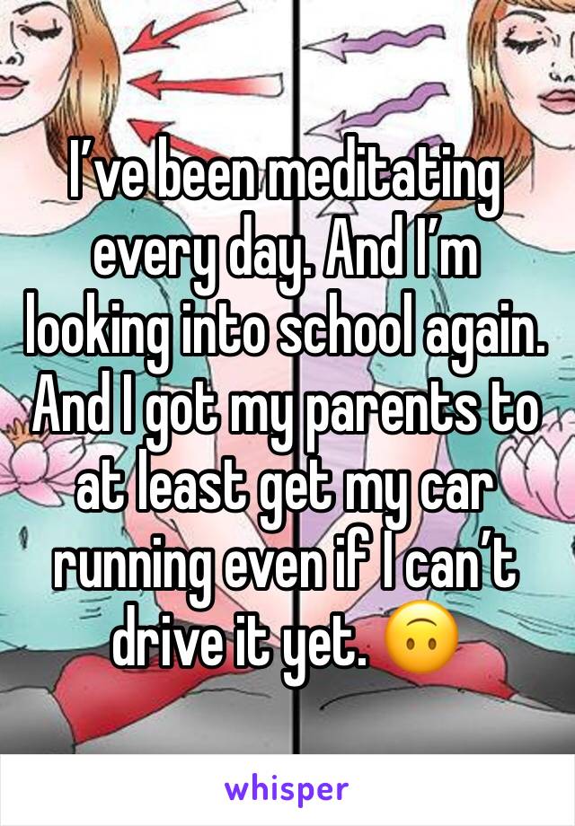 I’ve been meditating every day. And I’m looking into school again. And I got my parents to at least get my car running even if I can’t drive it yet. 🙃