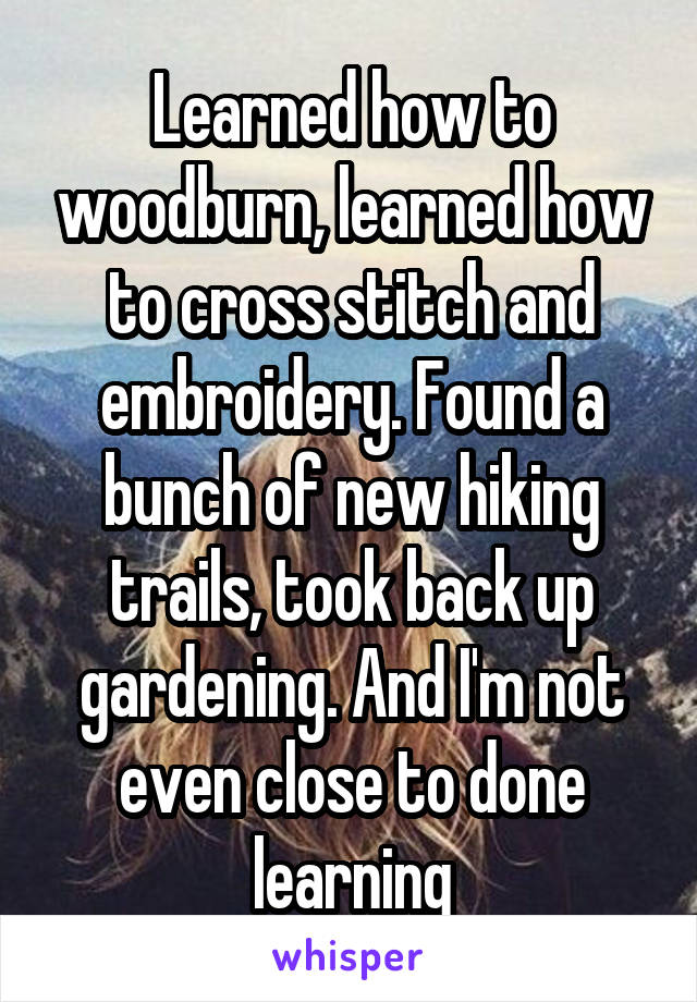 Learned how to woodburn, learned how to cross stitch and embroidery. Found a bunch of new hiking trails, took back up gardening. And I'm not even close to done learning