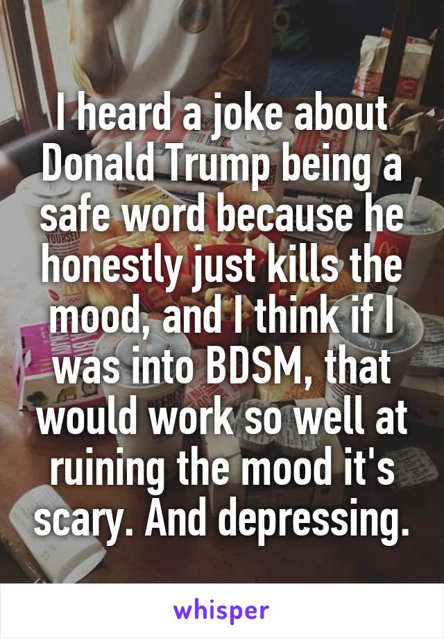 I heard a joke about Donald Trump being a safe word because he honestly just kills the mood, and I think if I was into BDSM, that would work so well at ruining the mood it's scary. And depressing.