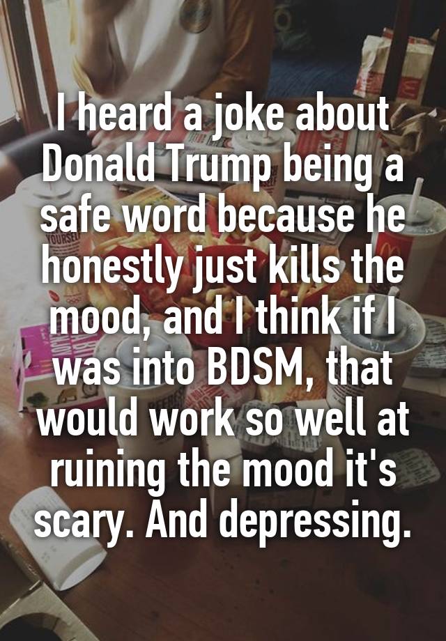 I heard a joke about Donald Trump being a safe word because he honestly just kills the mood, and I think if I was into BDSM, that would work so well at ruining the mood it's scary. And depressing.