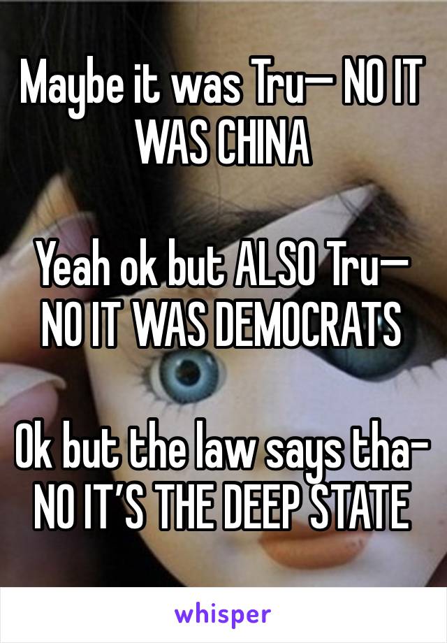 Maybe it was Tru— NO IT WAS CHINA

Yeah ok but ALSO Tru— NO IT WAS DEMOCRATS

Ok but the law says tha-
NO IT’S THE DEEP STATE