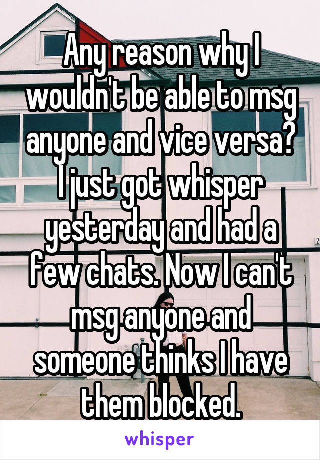 Any reason why I wouldn't be able to msg anyone and vice versa? I just got whisper yesterday and had a few chats. Now I can't msg anyone and someone thinks I have them blocked.