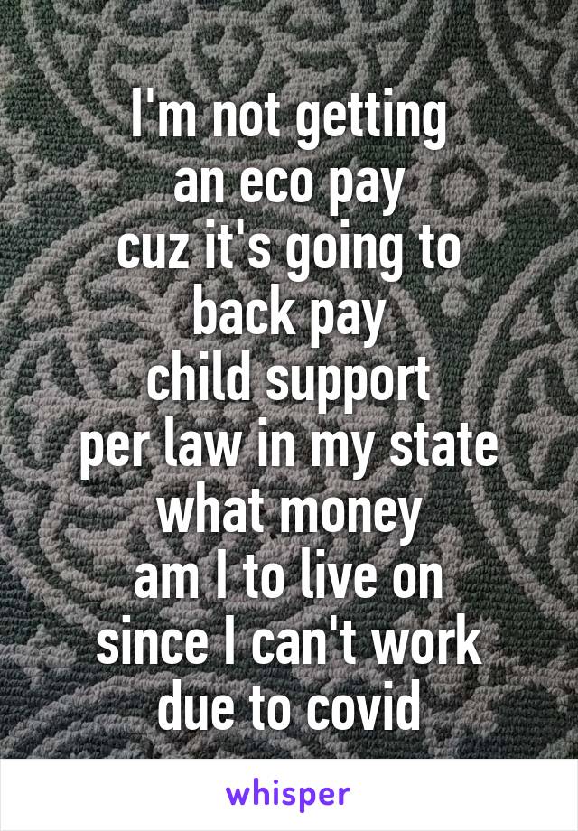 I'm not getting
an eco pay
cuz it's going to
back pay
child support
per law in my state
what money
am I to live on
since I can't work
due to covid