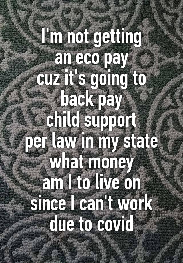 I'm not getting
an eco pay
cuz it's going to
back pay
child support
per law in my state
what money
am I to live on
since I can't work
due to covid