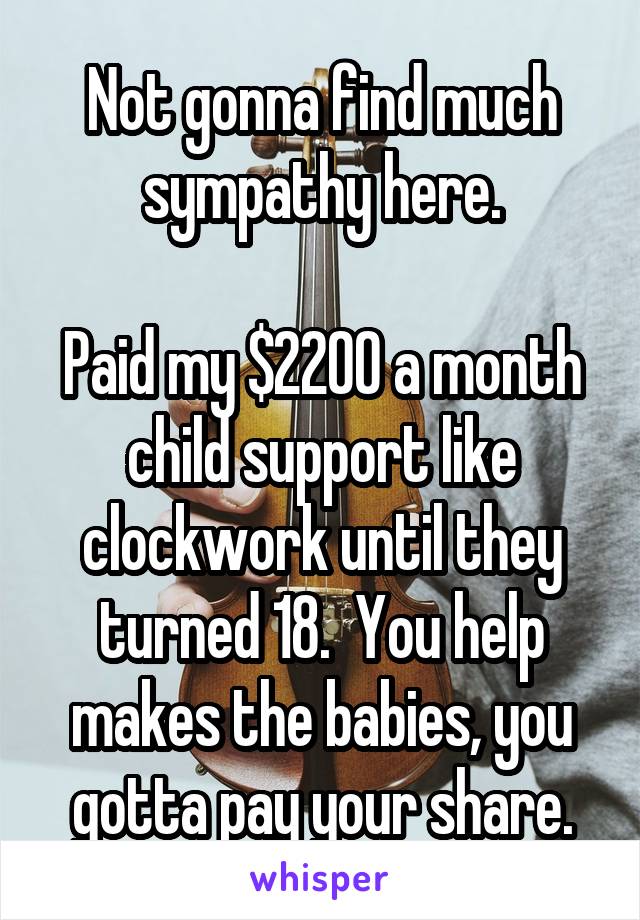 Not gonna find much sympathy here.

Paid my $2200 a month child support like clockwork until they turned 18.  You help makes the babies, you gotta pay your share.