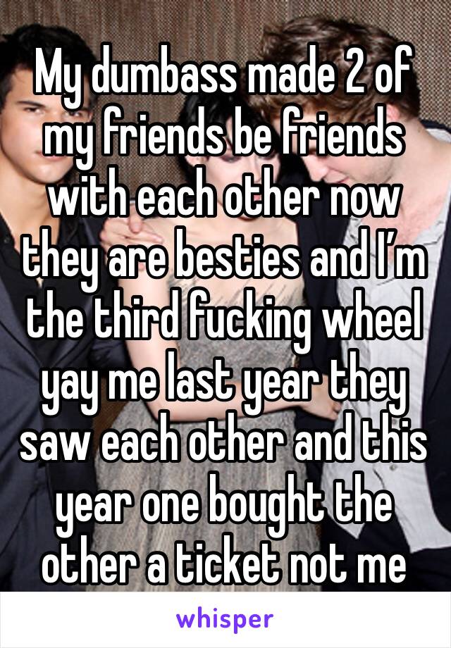 My dumbass made 2 of my friends be friends with each other now they are besties and I’m the third fucking wheel yay me last year they saw each other and this year one bought the other a ticket not me 