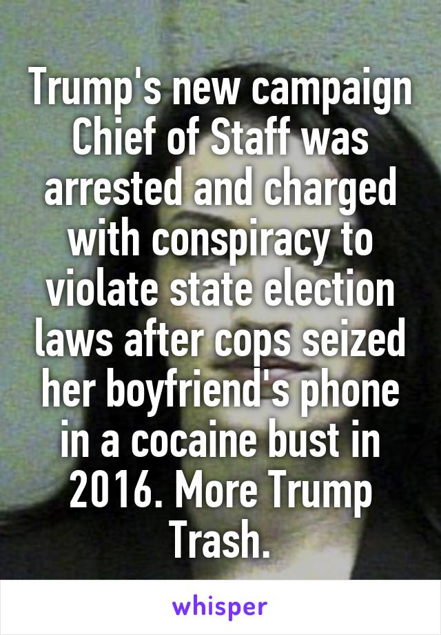 Trump's new campaign Chief of Staff was arrested and charged with conspiracy to violate state election laws after cops seized her boyfriend's phone in a cocaine bust in 2016. More Trump Trash.