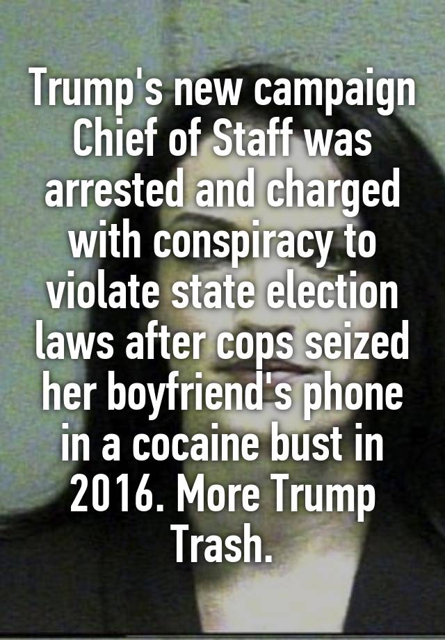 Trump's new campaign Chief of Staff was arrested and charged with conspiracy to violate state election laws after cops seized her boyfriend's phone in a cocaine bust in 2016. More Trump Trash.