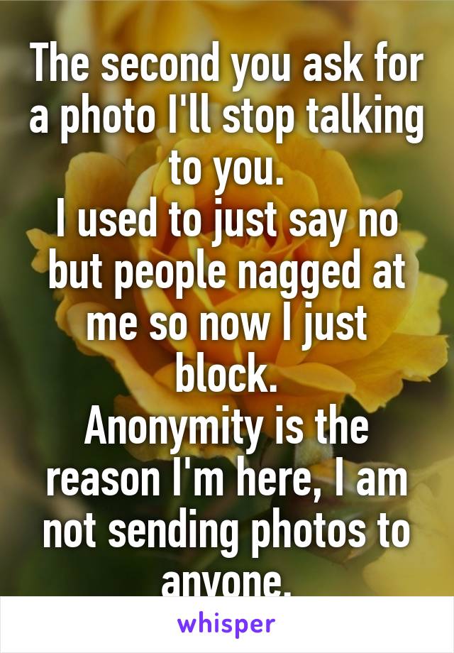 The second you ask for a photo I'll stop talking to you.
I used to just say no but people nagged at me so now I just block.
Anonymity is the reason I'm here, I am not sending photos to anyone.