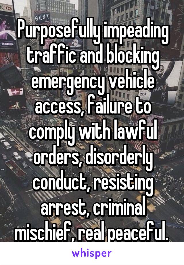 Purposefully impeading traffic and blocking emergency vehicle access, failure to comply with lawful orders, disorderly conduct, resisting arrest, criminal mischief, real peaceful. 