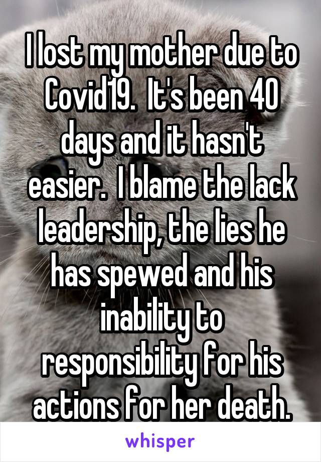 I lost my mother due to Covid19.  It's been 40 days and it hasn't easier.  I blame the lack leadership, the lies he has spewed and his inability to responsibility for his actions for her death.