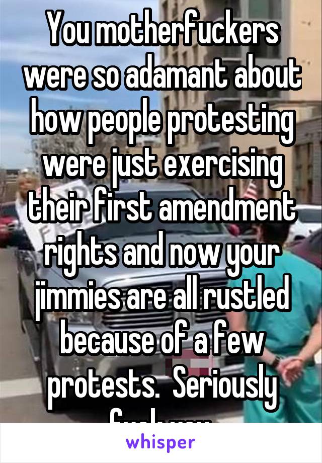 You motherfuckers were so adamant about how people protesting were just exercising their first amendment rights and now your jimmies are all rustled because of a few protests.  Seriously fuck you.