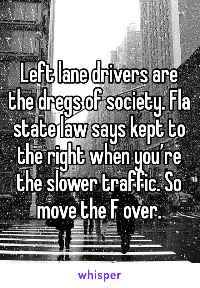 Left lane drivers are the dregs of society. Fla state law says kept to the right when you’re the slower traffic. So move the F over. 