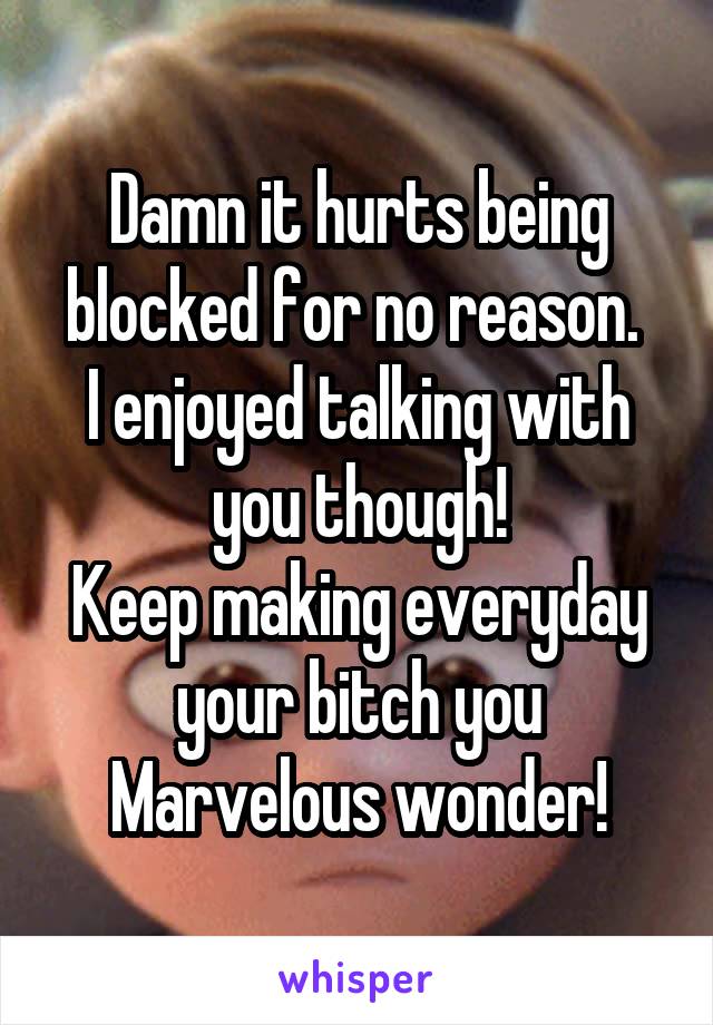 Damn it hurts being blocked for no reason. 
I enjoyed talking with you though!
Keep making everyday your bitch you Marvelous wonder!