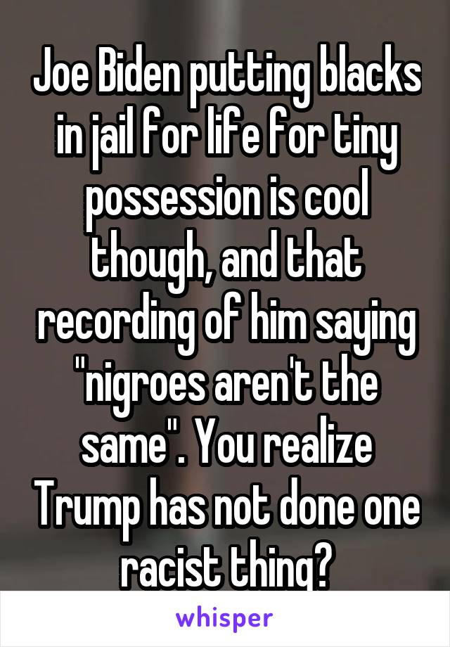 Joe Biden putting blacks in jail for life for tiny possession is cool though, and that recording of him saying "nigroes aren't the same". You realize Trump has not done one racist thing?