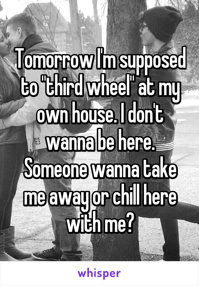 Tomorrow I'm supposed to "third wheel" at my own house. I don't wanna be here. Someone wanna take me away or chill here with me?