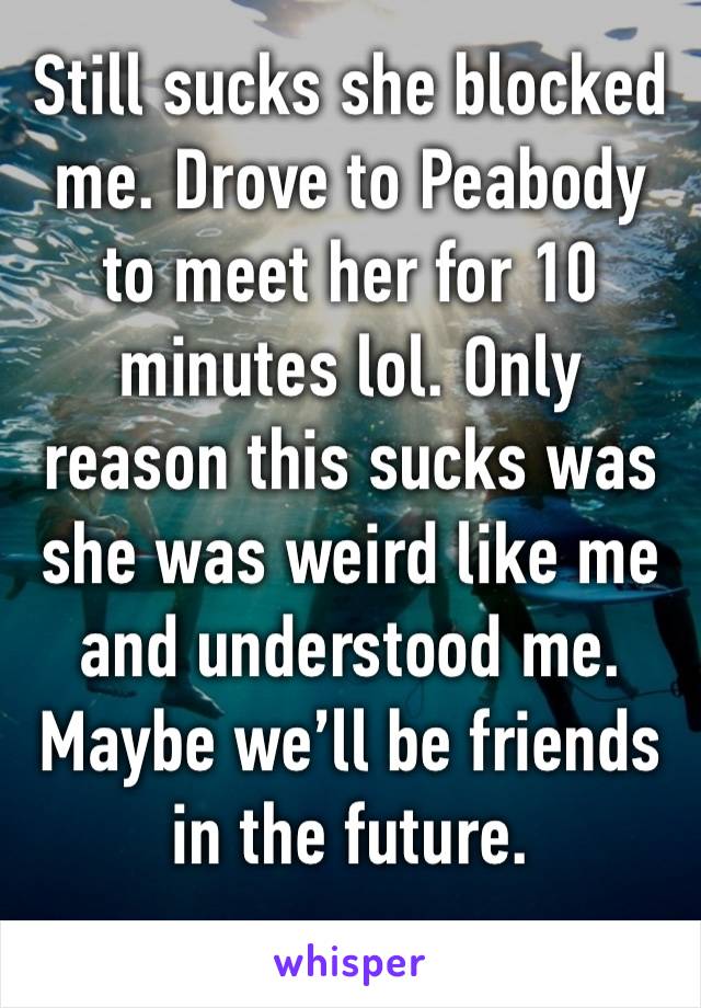 Still sucks she blocked me. Drove to Peabody to meet her for 10 minutes lol. Only reason this sucks was she was weird like me and understood me. Maybe we’ll be friends in the future. 