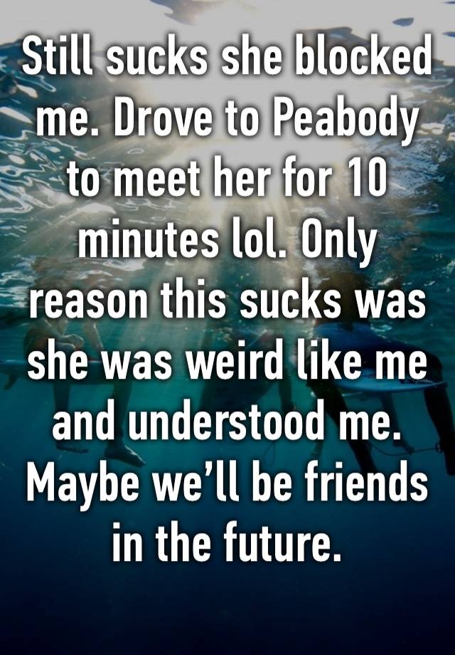 Still sucks she blocked me. Drove to Peabody to meet her for 10 minutes lol. Only reason this sucks was she was weird like me and understood me. Maybe we’ll be friends in the future. 