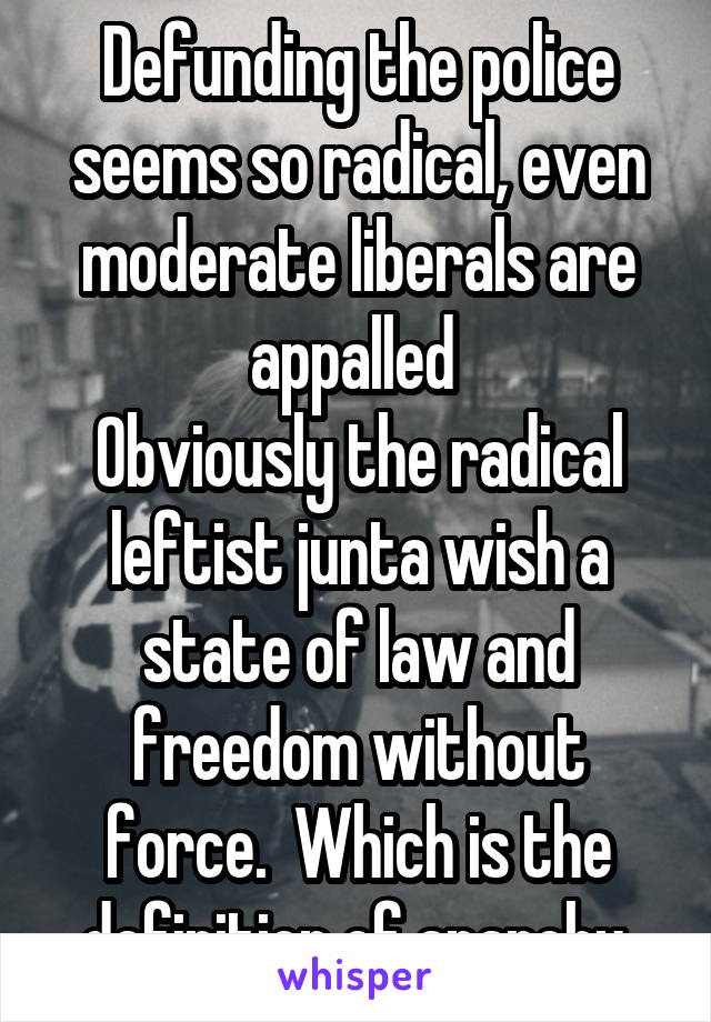 Defunding the police seems so radical, even moderate liberals are appalled 
Obviously the radical leftist junta wish a state of law and freedom without force.  Which is the definition of anarchy 