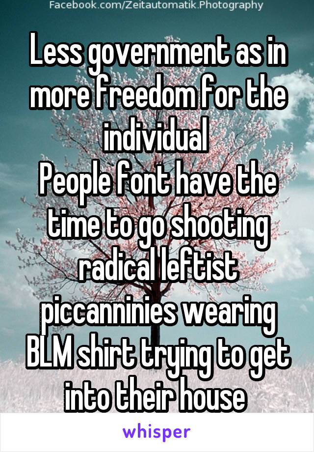 Less government as in more freedom for the individual 
People font have the time to go shooting radical leftist piccanninies wearing BLM shirt trying to get into their house 