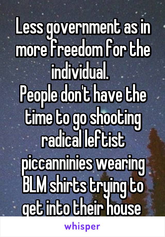 Less government as in more freedom for the individual.  
People don't have the time to go shooting radical leftist piccanninies wearing BLM shirts trying to get into their house 