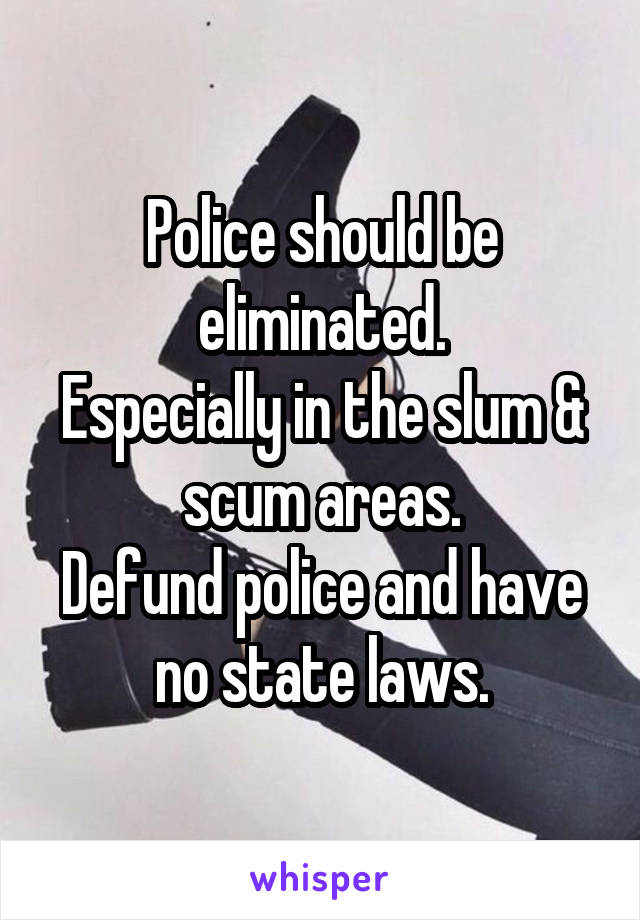 Police should be eliminated.
Especially in the slum & scum areas.
Defund police and have no state laws.