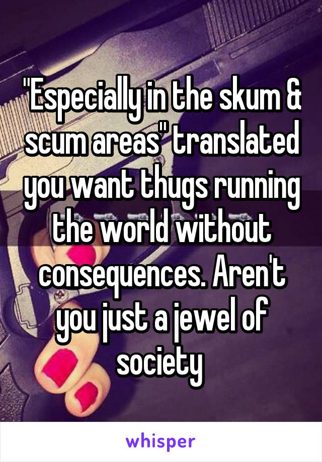 "Especially in the skum & scum areas" translated you want thugs running the world without consequences. Aren't you just a jewel of society 