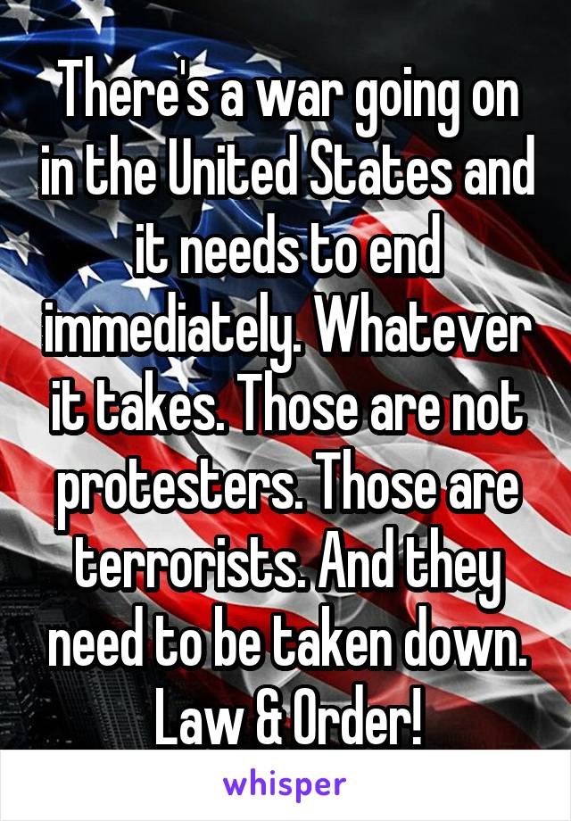 There's a war going on in the United States and it needs to end immediately. Whatever it takes. Those are not protesters. Those are terrorists. And they need to be taken down. Law & Order!